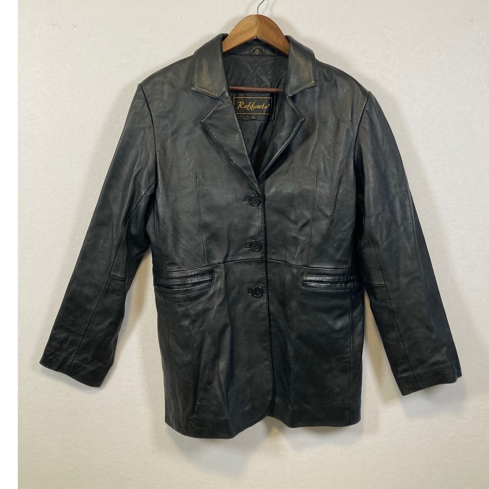 Raffaello Black Genuine Leather Jacket Coat Women's Size L‎ Classic Button Front
